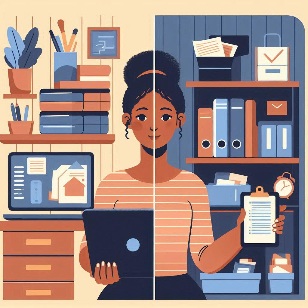 Organized Person Woman showcasing her organized physical and digital space
